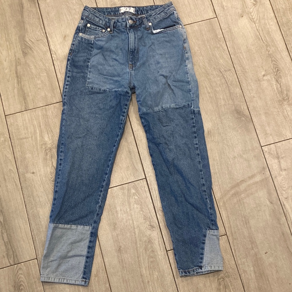 We The Free Blue Patchwork Straight Leg Jeans